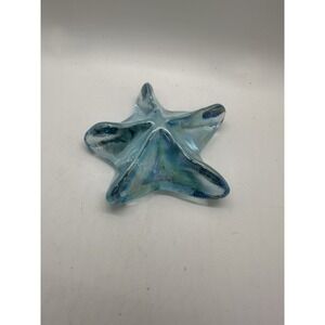 Aqua Blue Iridescent Art Glass Starfish Paperweight Coastal Decor